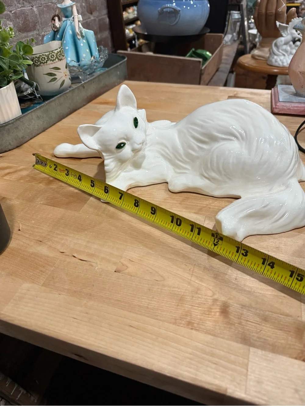White Ceramic Cat Figurine Green Eyes - Decorative Pet Sculpture large vintage